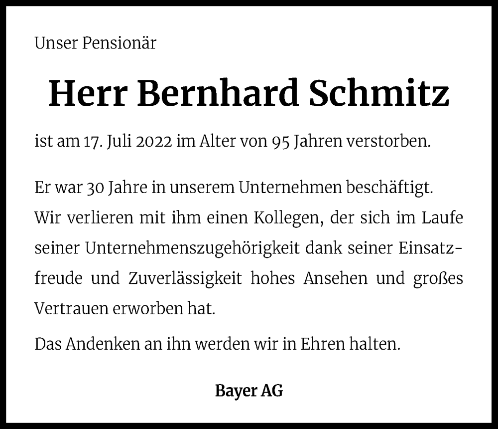  Traueranzeige für Bernhard Schmitz vom 28.07.2022 aus Kölner Stadt-Anzeiger / Kölnische Rundschau / Express