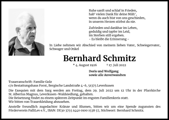 Anzeige von Bernhard Schmitz von Kölner Stadt-Anzeiger / Kölnische Rundschau / Express