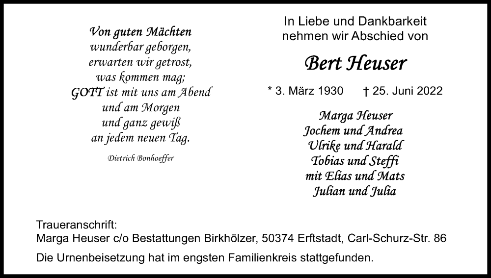  Traueranzeige für Bert Heuser vom 23.07.2022 aus Kölner Stadt-Anzeiger / Kölnische Rundschau / Express