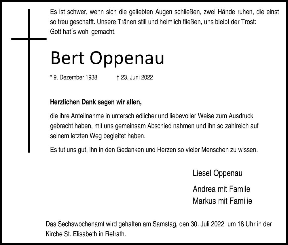  Traueranzeige für Bert Oppenau vom 23.07.2022 aus Kölner Stadt-Anzeiger / Kölnische Rundschau / Express