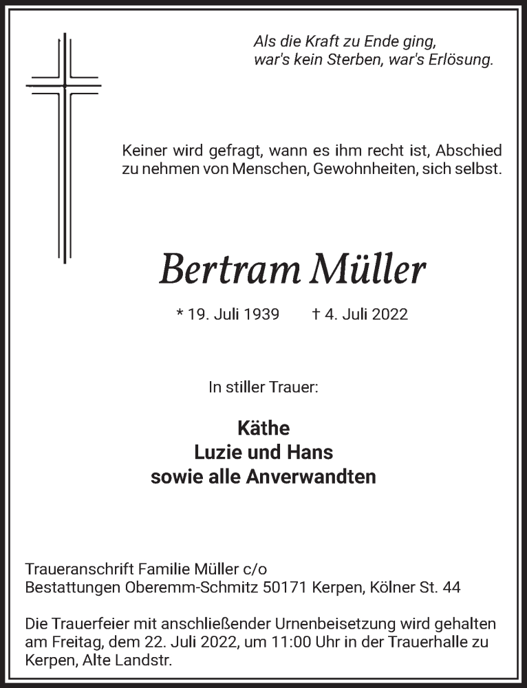  Traueranzeige für Bertram Müller vom 15.07.2022 aus  Werbepost 