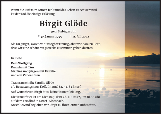 Anzeige von Birgit Glöde von Kölner Stadt-Anzeiger / Kölnische Rundschau / Express