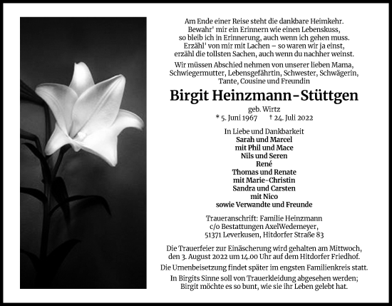 Anzeige von Birgit Heinzmann-Stüttgen von Kölner Stadt-Anzeiger / Kölnische Rundschau / Express