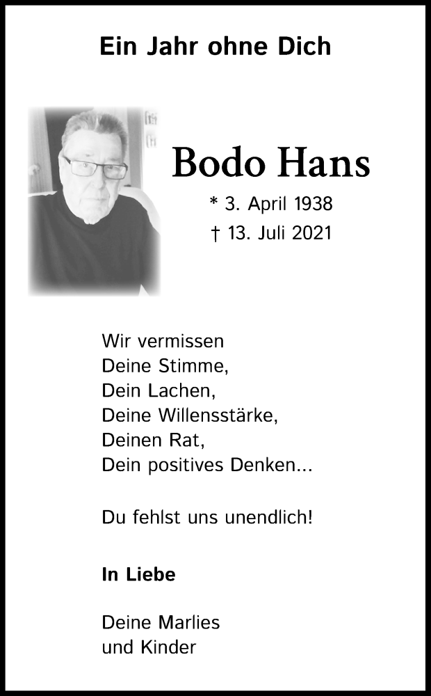  Traueranzeige für Bodo Hans vom 13.07.2022 aus Kölner Stadt-Anzeiger / Kölnische Rundschau / Express