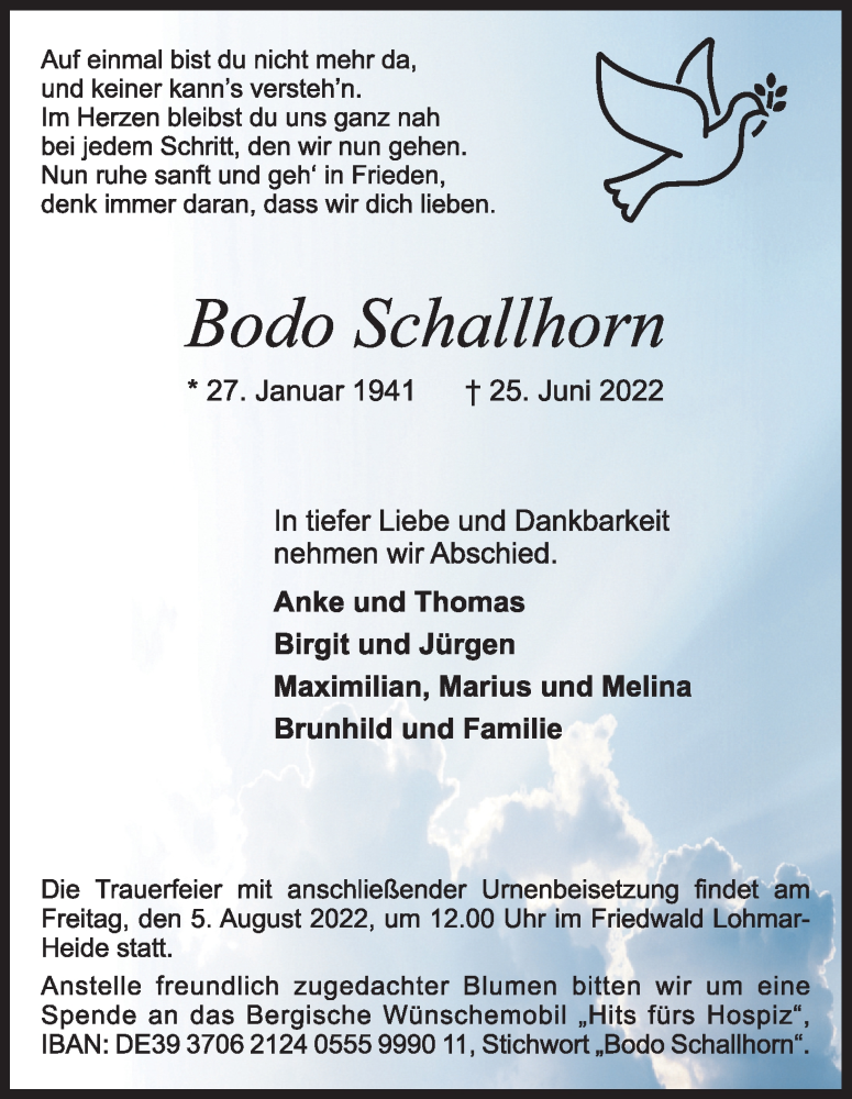  Traueranzeige für Bodo Schallhorn vom 09.07.2022 aus Kölner Stadt-Anzeiger / Kölnische Rundschau / Express