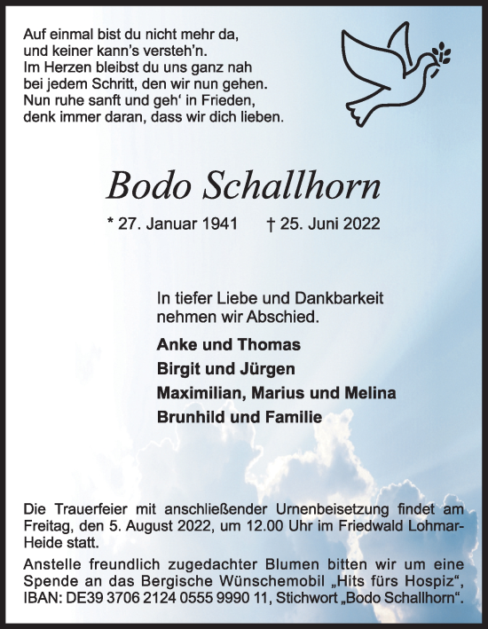 Anzeige von Bodo Schallhorn von Kölner Stadt-Anzeiger / Kölnische Rundschau / Express