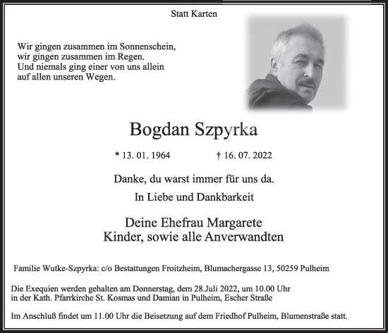 Anzeige von Bogdan Szpyrka von  Wochenende 