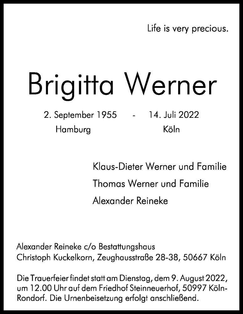  Traueranzeige für Brigitta Werner vom 30.07.2022 aus Kölner Stadt-Anzeiger / Kölnische Rundschau / Express