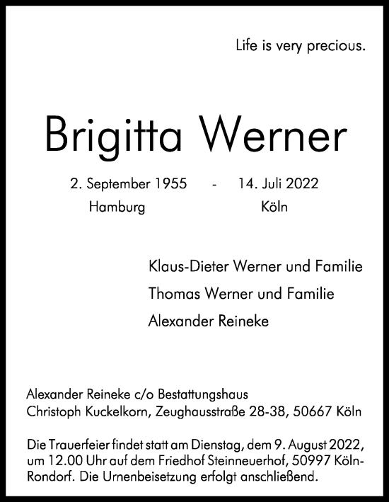 Anzeige von Brigitta Werner von Kölner Stadt-Anzeiger / Kölnische Rundschau / Express