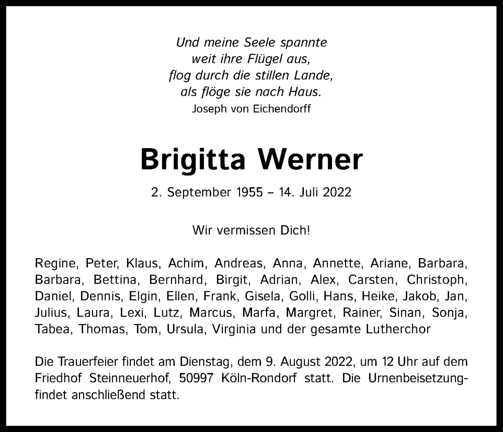  Traueranzeige für Brigitta Werner vom 30.07.2022 aus Kölner Stadt-Anzeiger / Kölnische Rundschau / Express