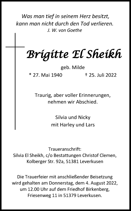 Anzeige von Brigitte El Sheikh von Kölner Stadt-Anzeiger / Kölnische Rundschau / Express