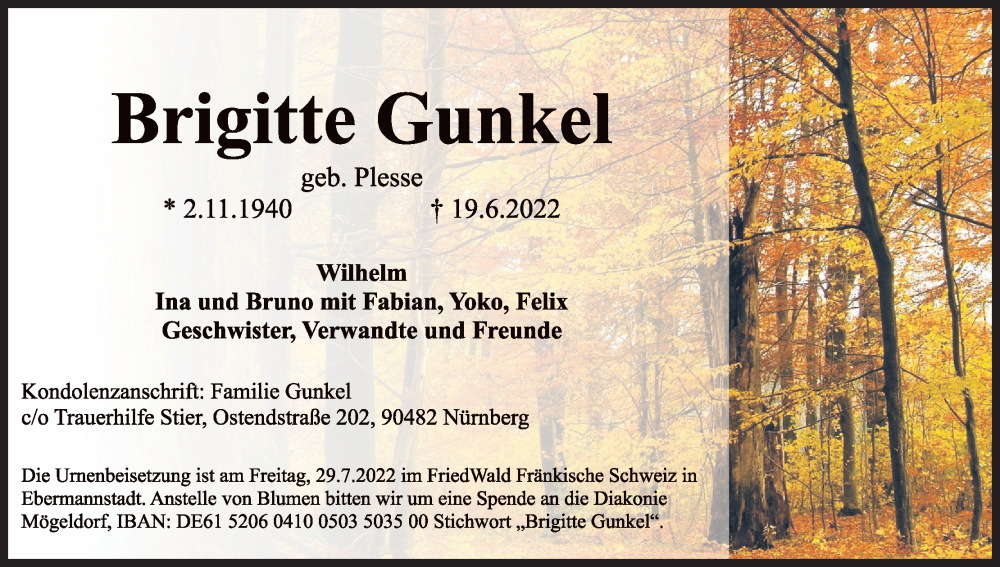  Traueranzeige für Brigitte Gunkel vom 16.07.2022 aus Kölner Stadt-Anzeiger / Kölnische Rundschau / Express