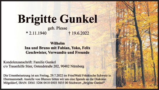 Anzeige von Brigitte Gunkel von Kölner Stadt-Anzeiger / Kölnische Rundschau / Express