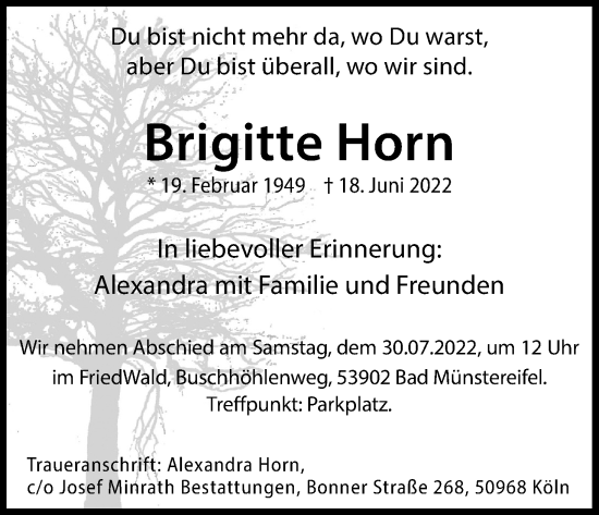 Anzeige von Brigitte Horn von Kölner Stadt-Anzeiger / Kölnische Rundschau / Express