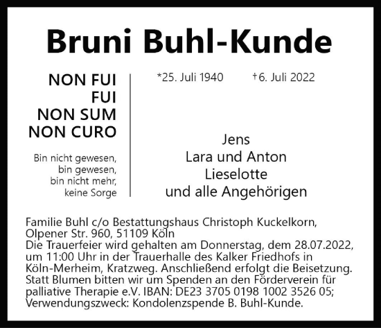 Anzeige von Bruni Buhl-Kunde von Kölner Stadt-Anzeiger / Kölnische Rundschau / Express