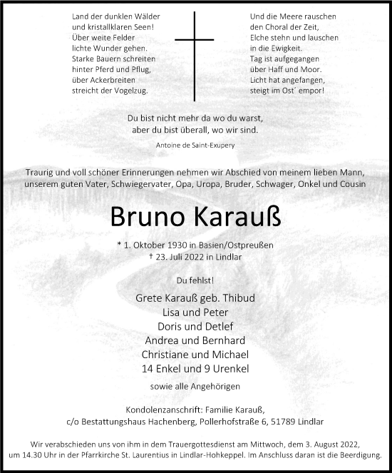 Anzeige von Bruno Karauß von Kölner Stadt-Anzeiger / Kölnische Rundschau / Express