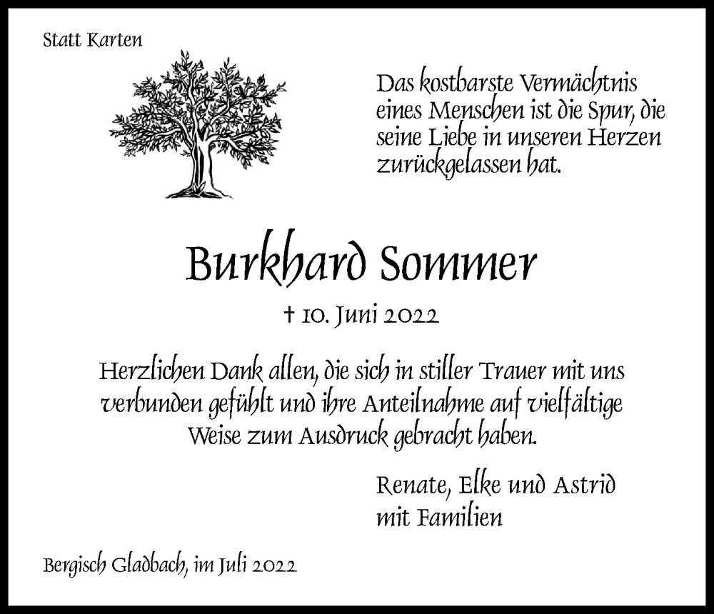  Traueranzeige für Burkhard Sommer vom 16.07.2022 aus Kölner Stadt-Anzeiger / Kölnische Rundschau / Express