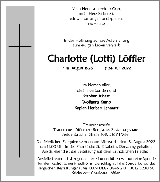 Anzeige von Charlotte Löffler von Kölner Stadt-Anzeiger / Kölnische Rundschau / Express