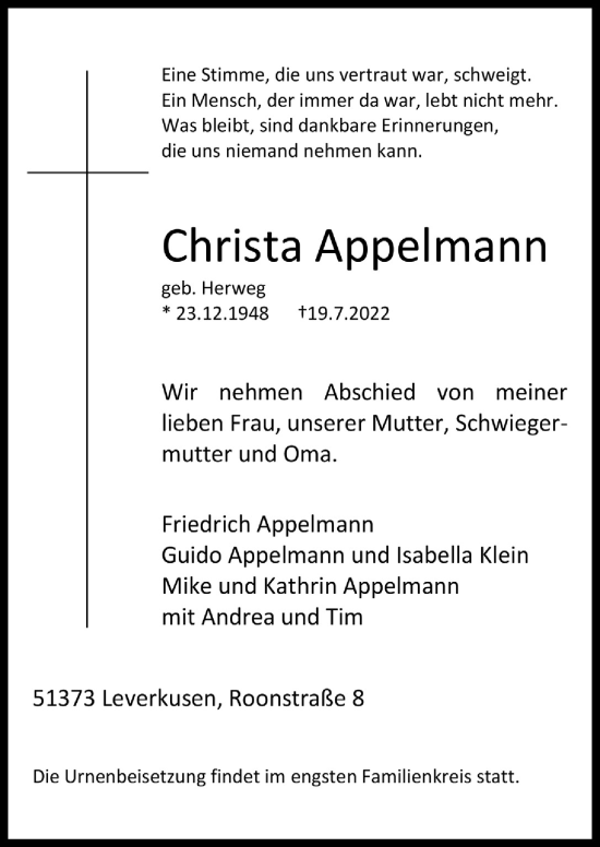 Anzeige von Christa Appelmann von  Lokale Informationen 