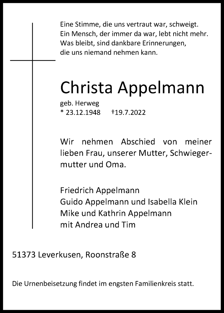  Traueranzeige für Christa Appelmann vom 30.07.2022 aus Kölner Stadt-Anzeiger / Kölnische Rundschau / Express
