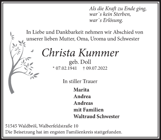 Anzeige von Christa Kummer von  Lokalanzeiger 