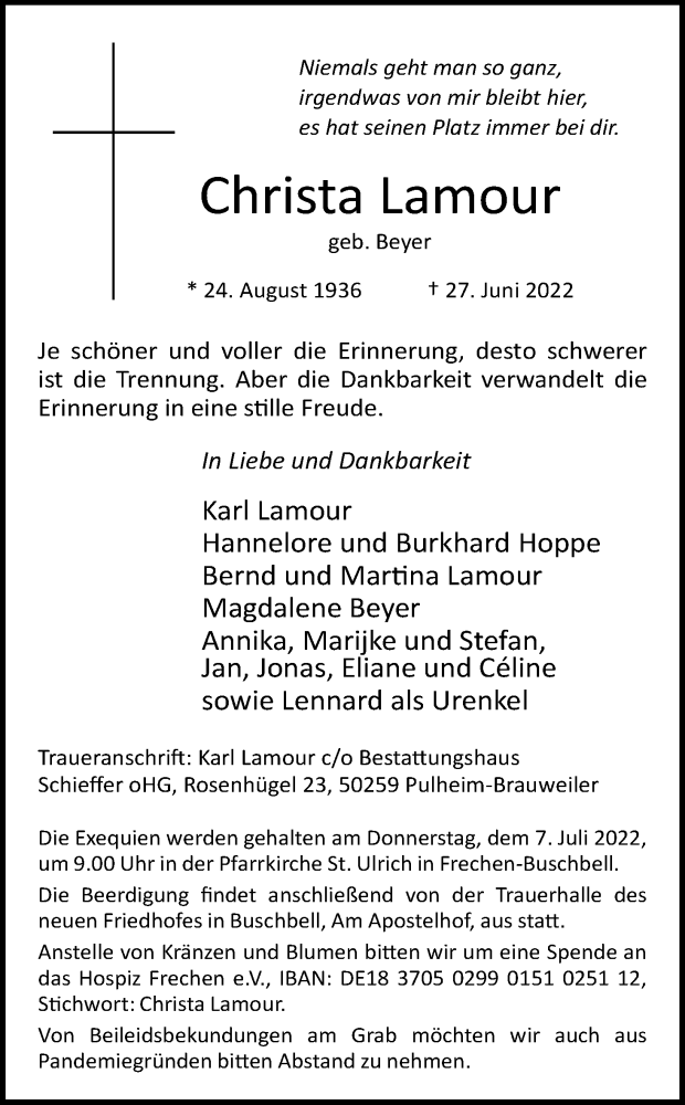  Traueranzeige für Christa Lamour vom 02.07.2022 aus Kölner Stadt-Anzeiger / Kölnische Rundschau / Express