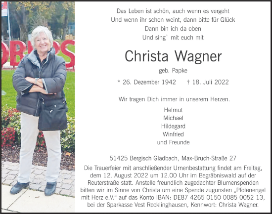 Anzeige von Christa Wagner von  Bergisches Handelsblatt 