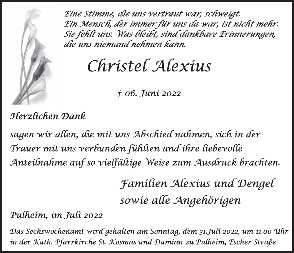  Traueranzeige für Christel Alexius vom 15.07.2022 aus  Wochenende 