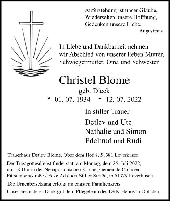 Anzeige von Christel Blome von Kölner Stadt-Anzeiger / Kölnische Rundschau / Express