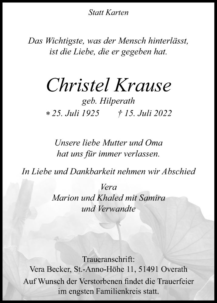  Traueranzeige für Christel Krause vom 23.07.2022 aus Kölner Stadt-Anzeiger / Kölnische Rundschau / Express