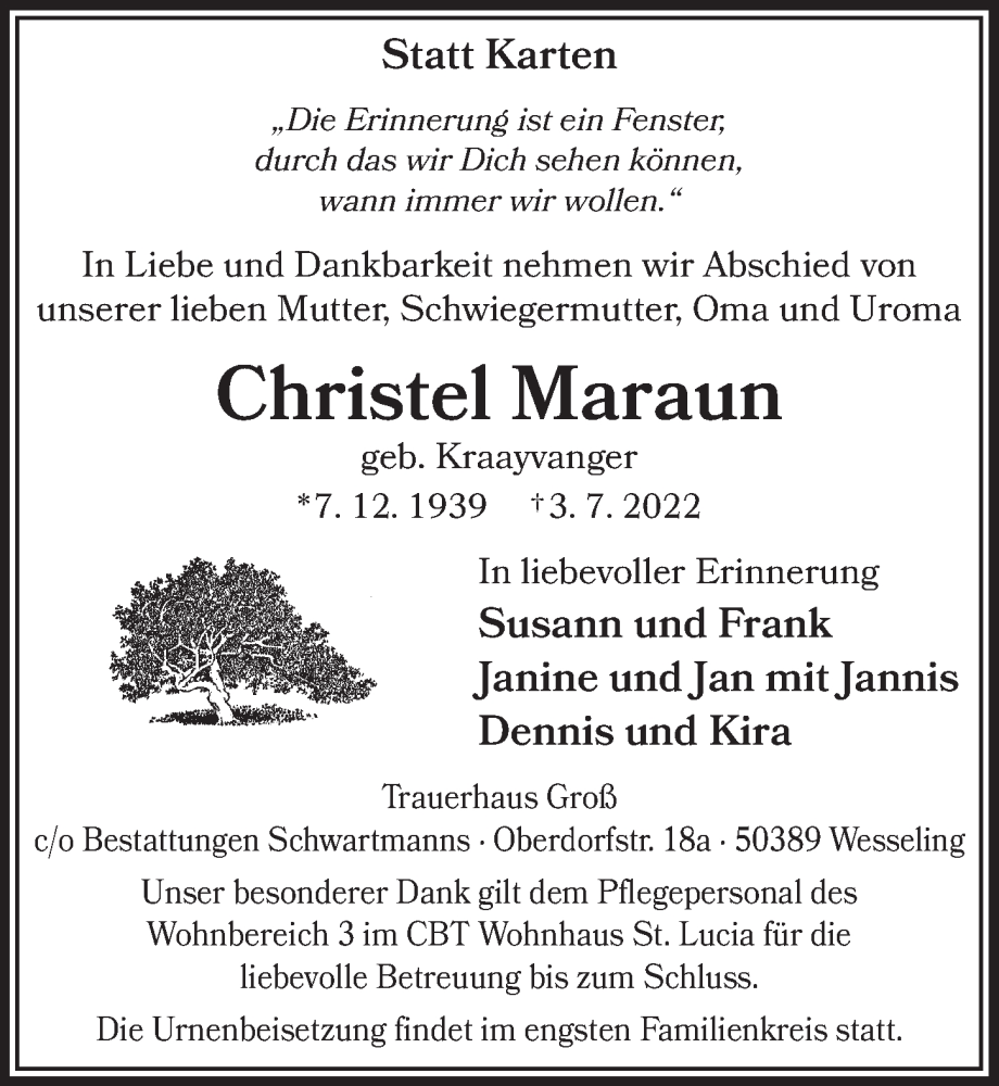  Traueranzeige für Christel Maraun vom 08.07.2022 aus  Schlossbote/Werbekurier 