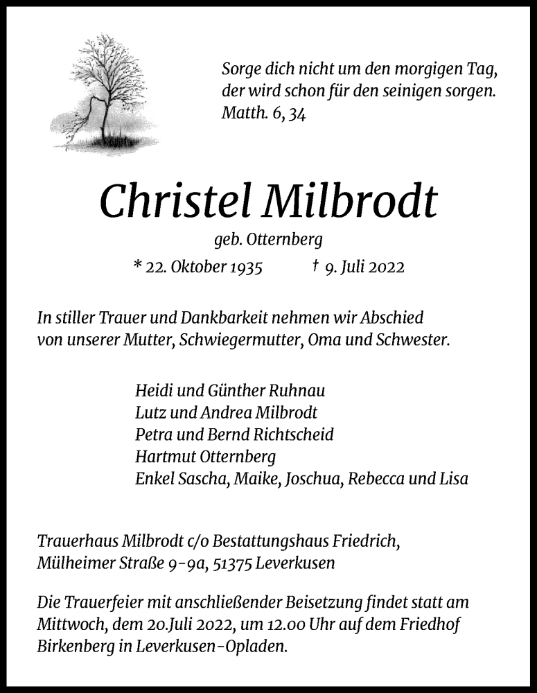  Traueranzeige für Christel Milbrodt vom 14.07.2022 aus Kölner Stadt-Anzeiger / Kölnische Rundschau / Express
