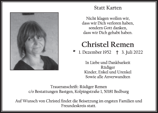 Anzeige von Christel Remen von  Werbepost 