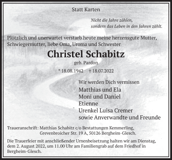 Anzeige von Christel Schabitz von  Werbepost 