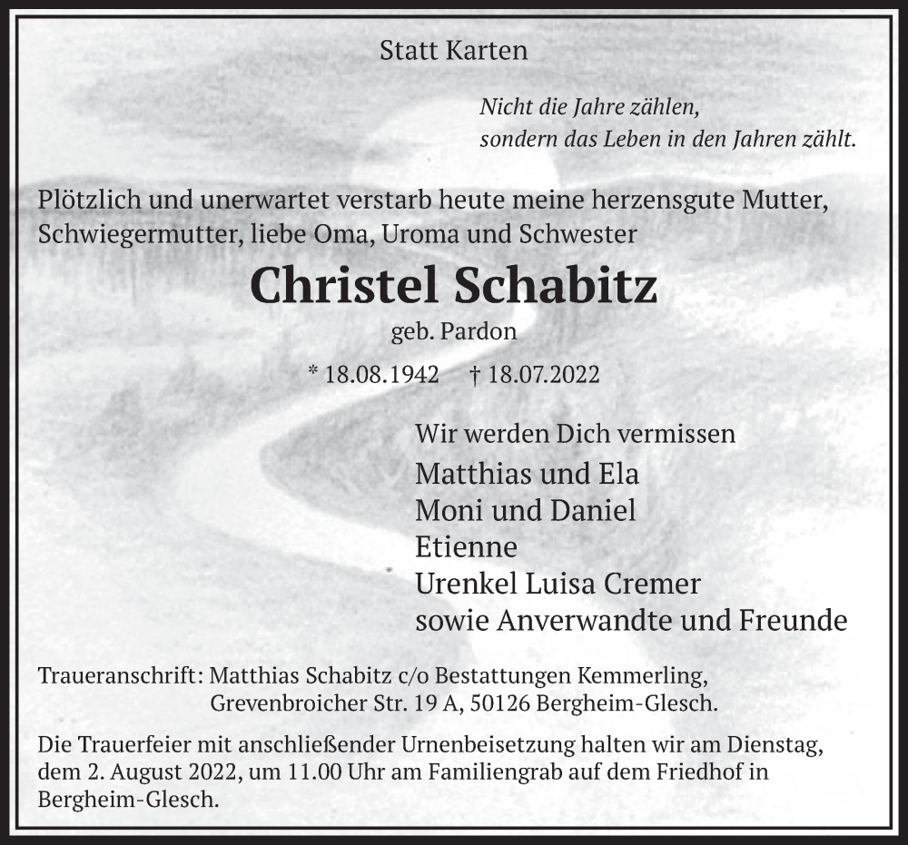  Traueranzeige für Christel Schabitz vom 18.07.2023 aus  Werbepost 