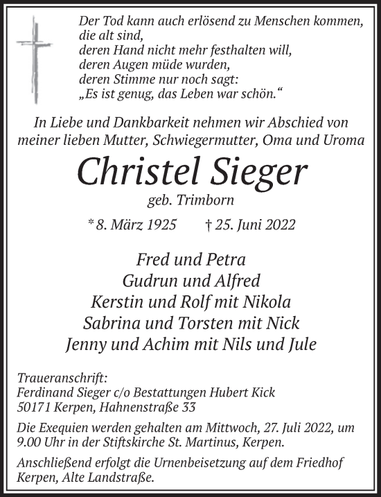 Anzeige von Christel Sieger von  Werbepost 