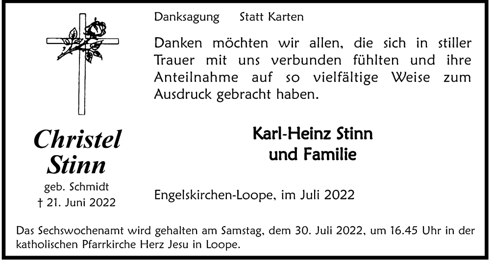  Traueranzeige für Christel Stinn vom 23.07.2022 aus Kölner Stadt-Anzeiger / Kölnische Rundschau / Express