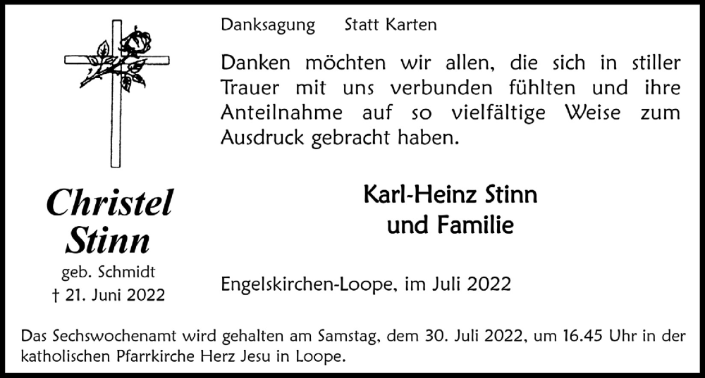 Traueranzeige für Christel Stinn vom 22.07.2022 aus  Anzeigen Echo 