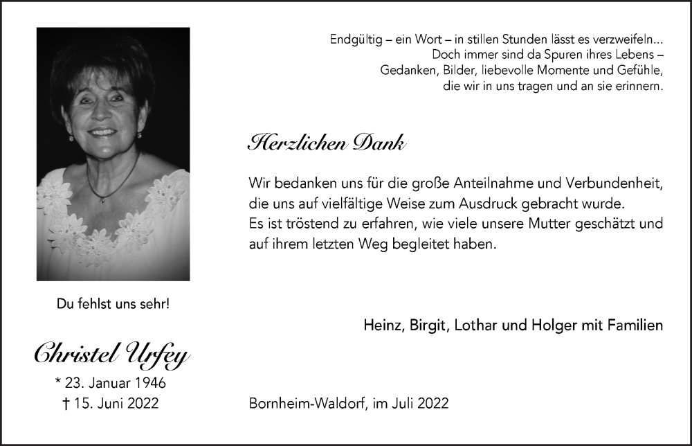  Traueranzeige für Christel Urfey vom 08.07.2022 aus  Schaufenster/Blickpunkt 