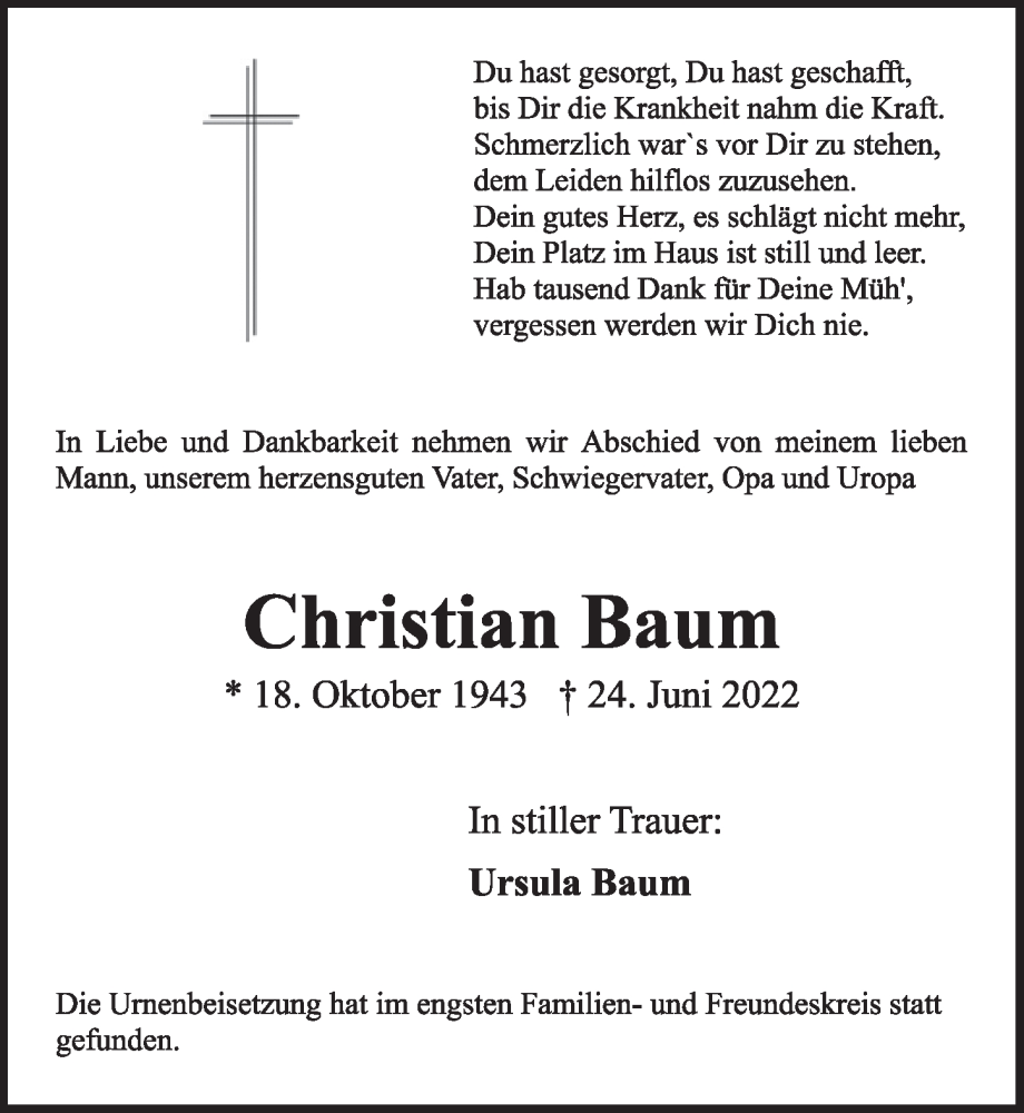  Traueranzeige für Christian Baum vom 15.07.2022 aus  Werbepost 