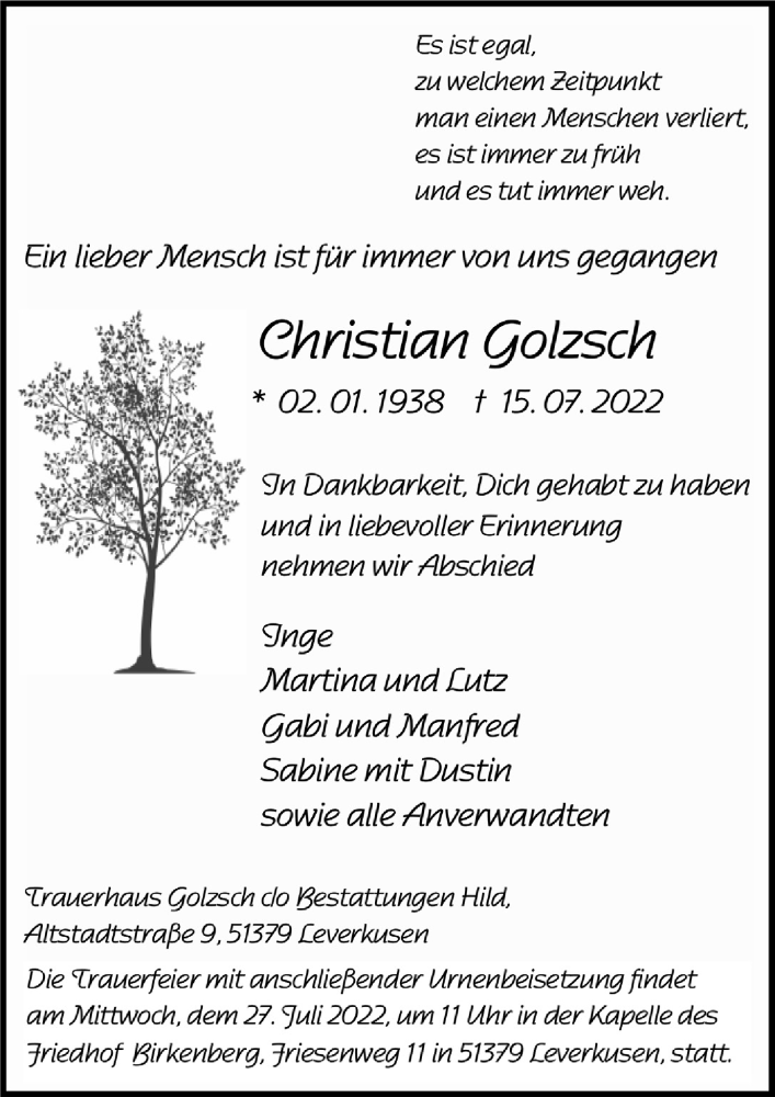  Traueranzeige für Christian Golzsch vom 22.07.2022 aus  Lokale Informationen 