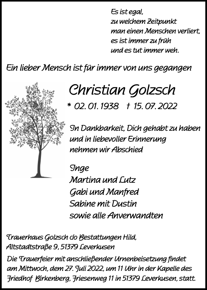  Traueranzeige für Christian Golzsch vom 23.07.2022 aus Kölner Stadt-Anzeiger / Kölnische Rundschau / Express