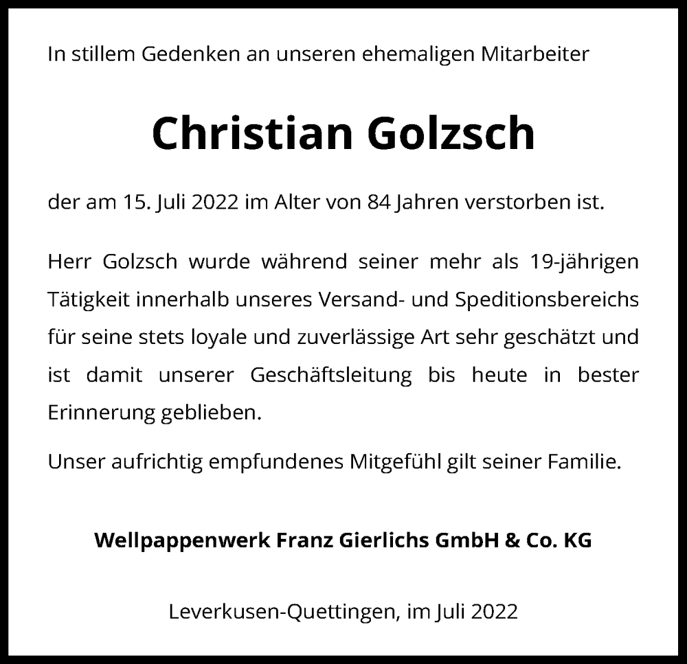  Traueranzeige für Christian Golzsch vom 30.07.2022 aus Kölner Stadt-Anzeiger / Kölnische Rundschau / Express