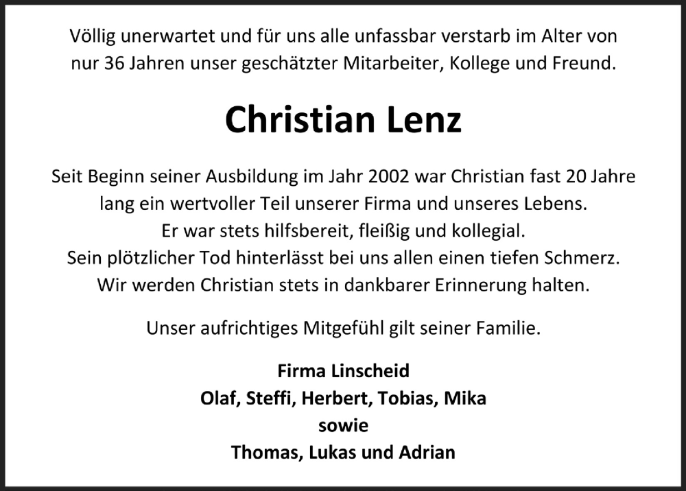  Traueranzeige für Christian Lenz vom 22.07.2022 aus  Anzeigen Echo 