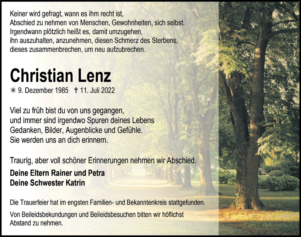  Traueranzeige für Christian Lenz vom 22.07.2022 aus  Anzeigen Echo 