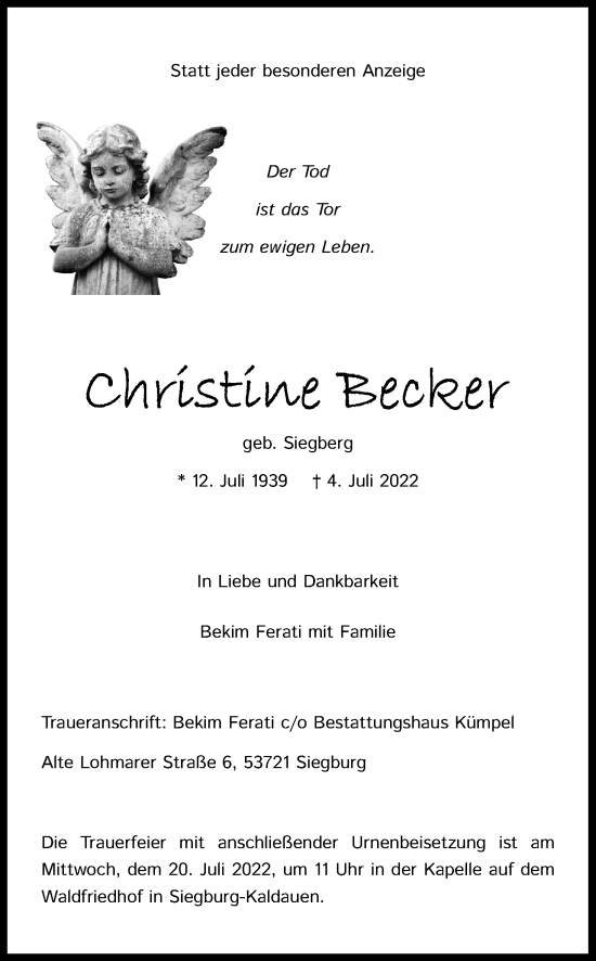 Anzeige von Christine Becker von Kölner Stadt-Anzeiger / Kölnische Rundschau / Express