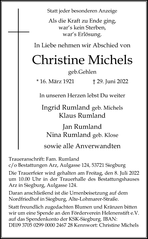  Traueranzeige für Christine Michels vom 02.07.2022 aus Kölner Stadt-Anzeiger / Kölnische Rundschau / Express