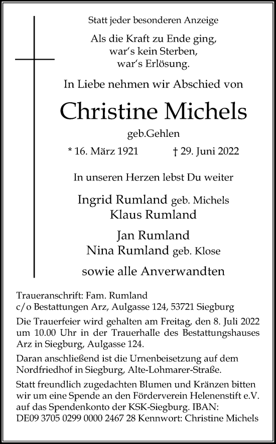Anzeige von Christine Michels von Kölner Stadt-Anzeiger / Kölnische Rundschau / Express