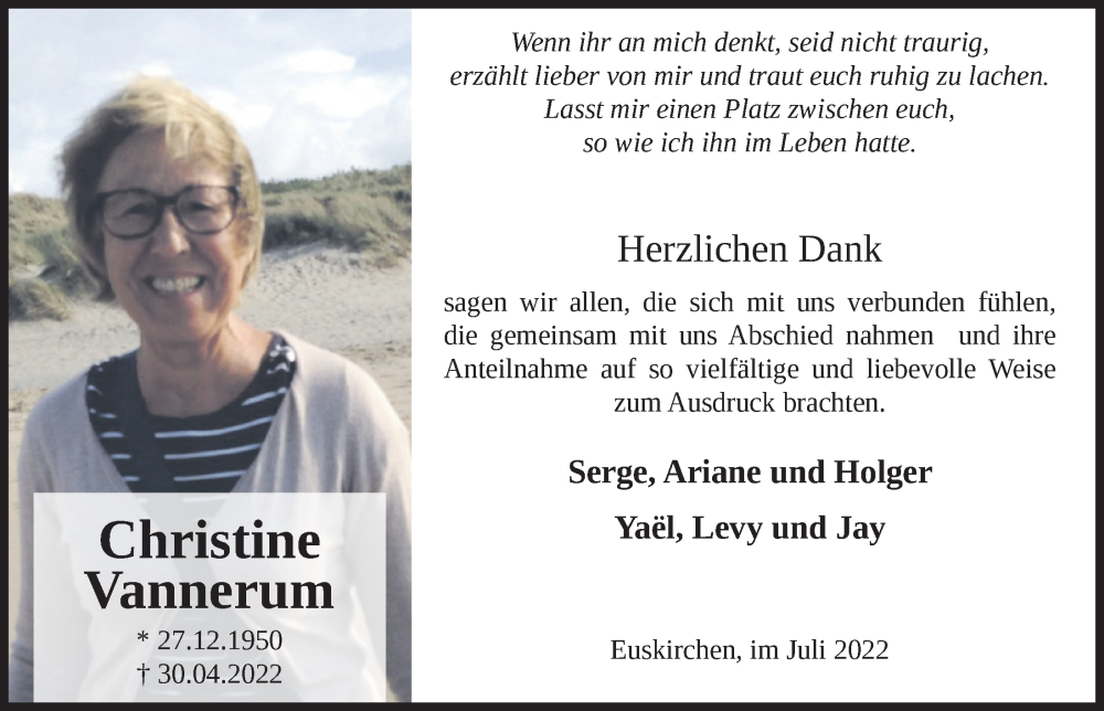  Traueranzeige für Christine Vannerum vom 02.07.2022 aus  Blickpunkt Euskirchen 