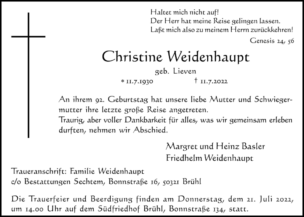  Traueranzeige für Christine Weidenhaupt vom 15.07.2022 aus  Schlossbote/Werbekurier 